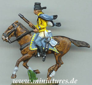 Prussian hussar wearing light-blue Schalavary overtrousers over his buckskin riding breeches, 40 mm Prince August pewter miniature.
